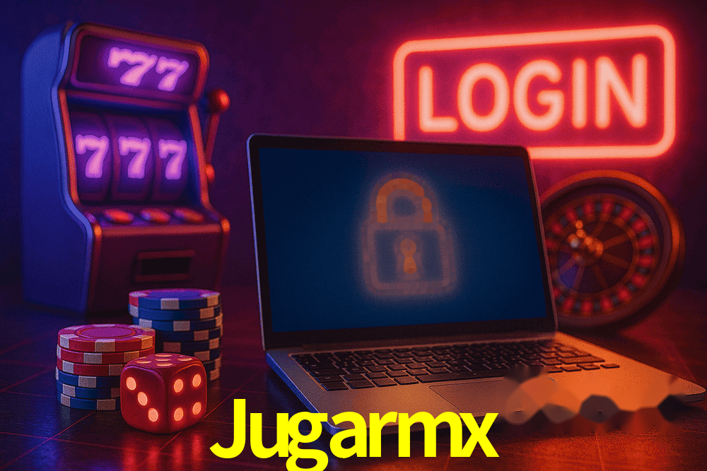 Escena dinámica inspirada en casino con iluminación Jugarmx, cartas, fichas e íconos de juegos digitales en un espacio moderno de juegos.