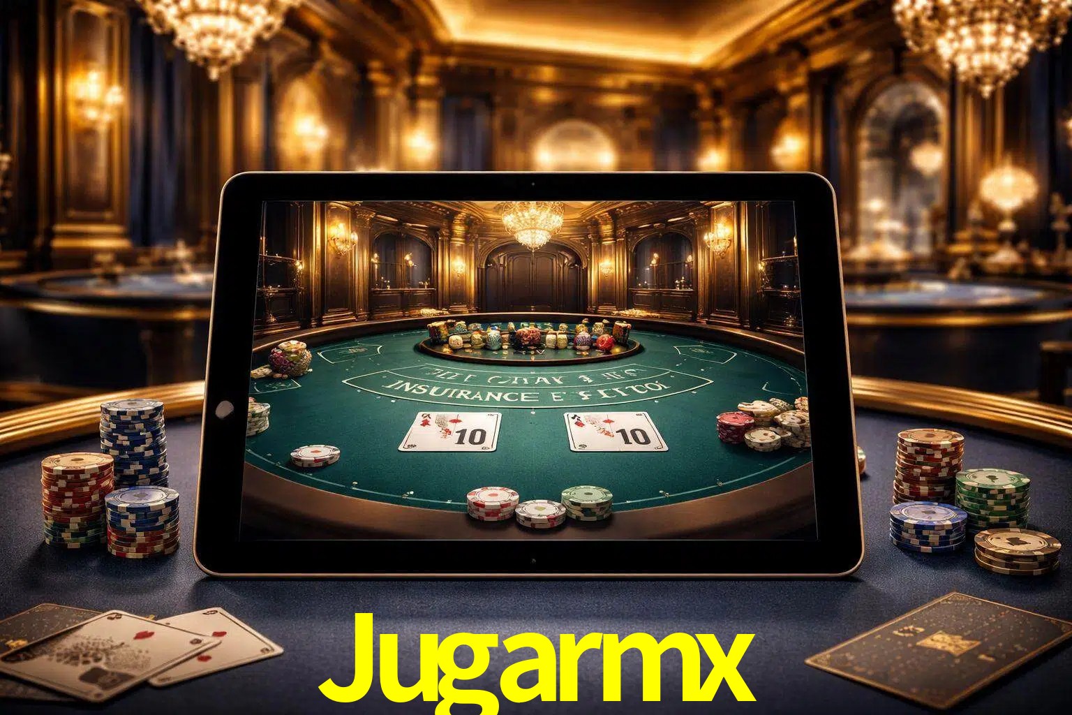 Configuración moderna de casino en vivo con una tableta mostrando una mesa de blackjack, luces cálidas de estudio y una atmósfera elegante de juegos digitales.
