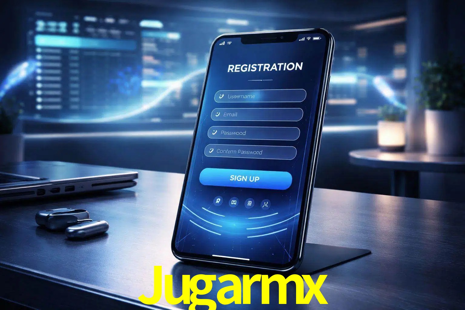 Una interfaz moderna de registro móvil para Jugarmx mostrada en un smartphone con un panel de apuestas elegante.